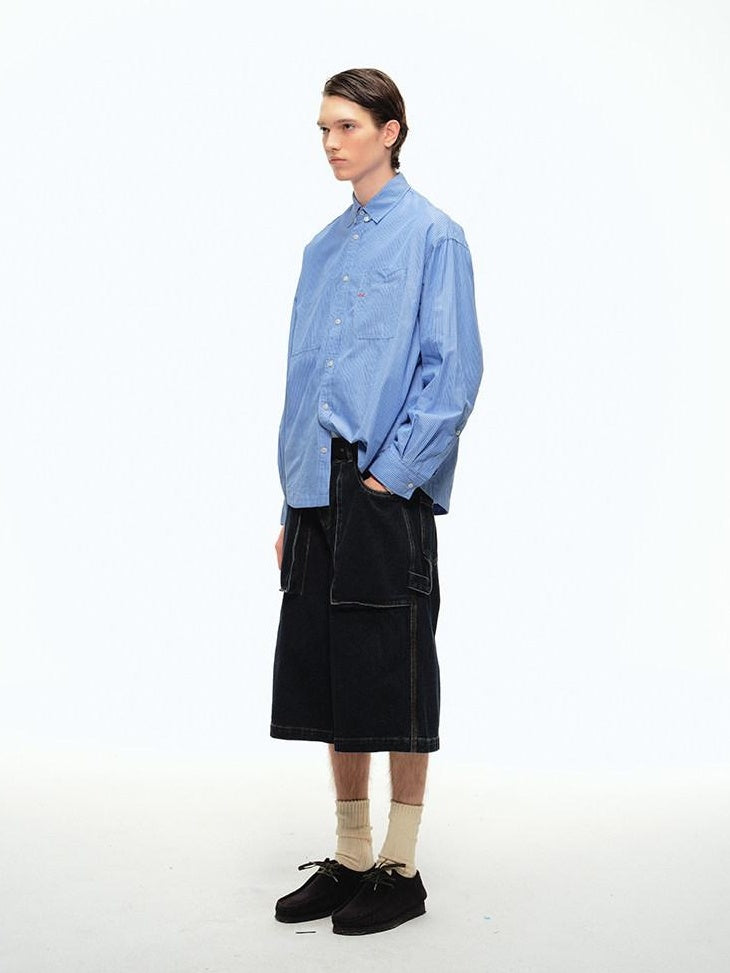 Country Moment Shape Retention Mid Rise Loose Straight Blue Denim Teen Cotton Mid-Length Shorts