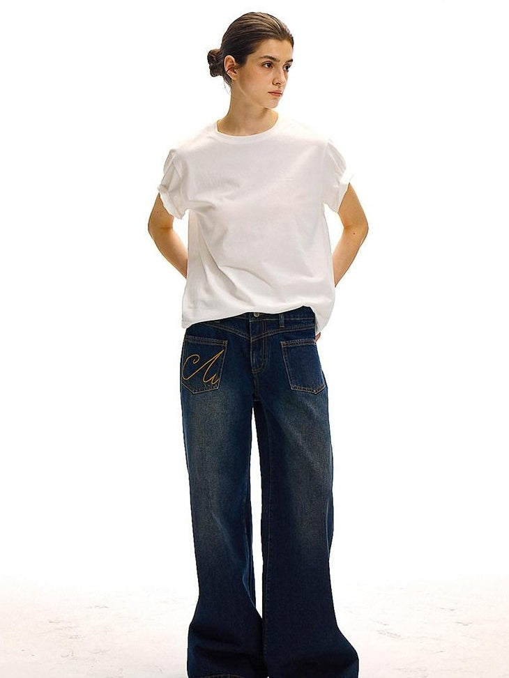 Country Moment High Waist Washed Denim Casual Loose Fit Zipper Fly Wide Leg Jeans