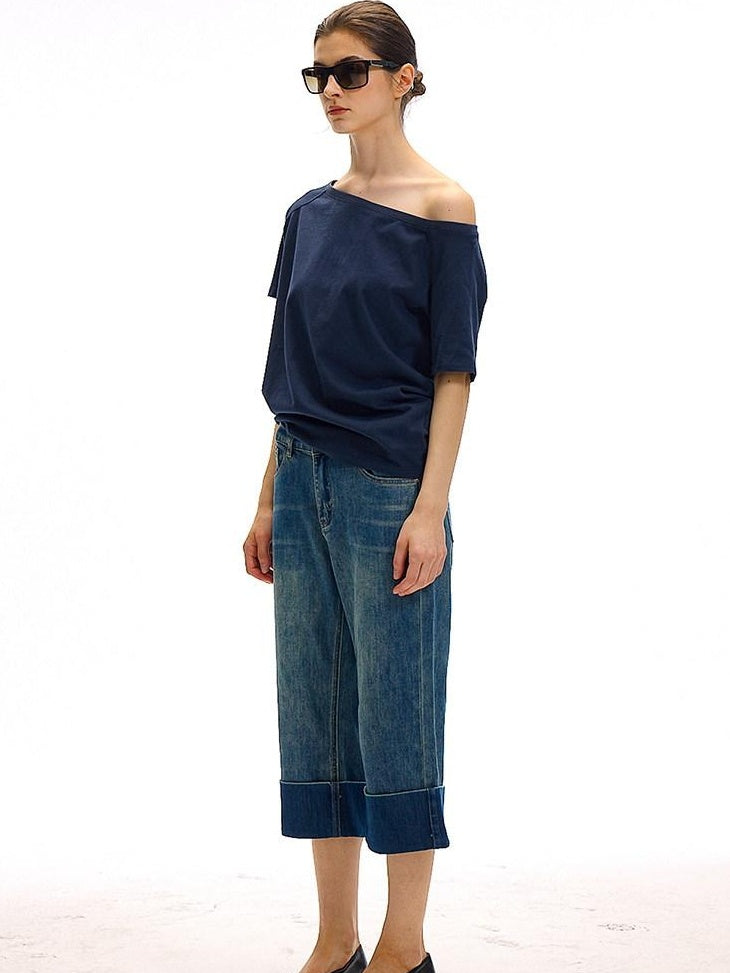 Country Moment High Waist Washed Stretch Straight Leg Denim Blue Mid-Length Shorts