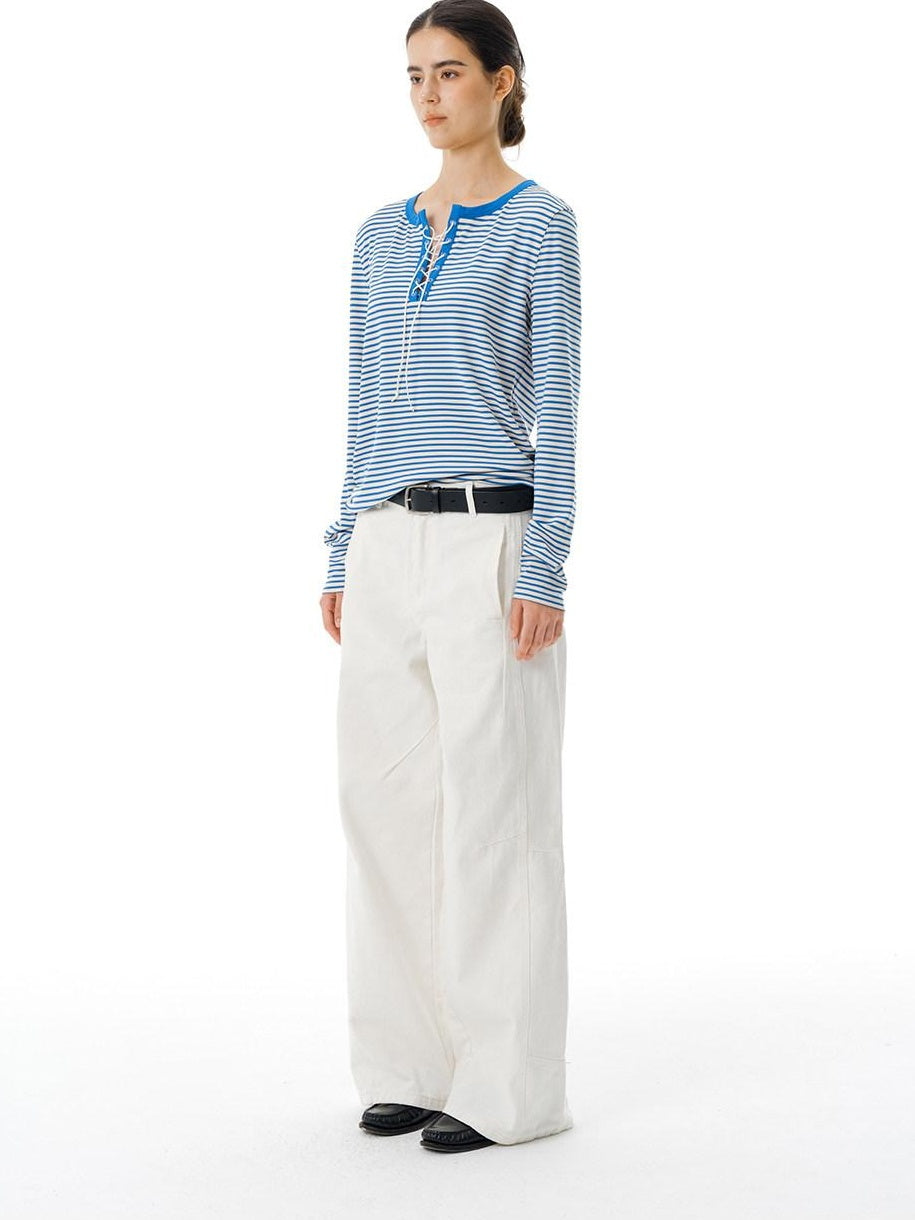 Country Moment Stretch Polyester Henley Tie Blue White Striped Unisex Long Sleeve T-Shirts