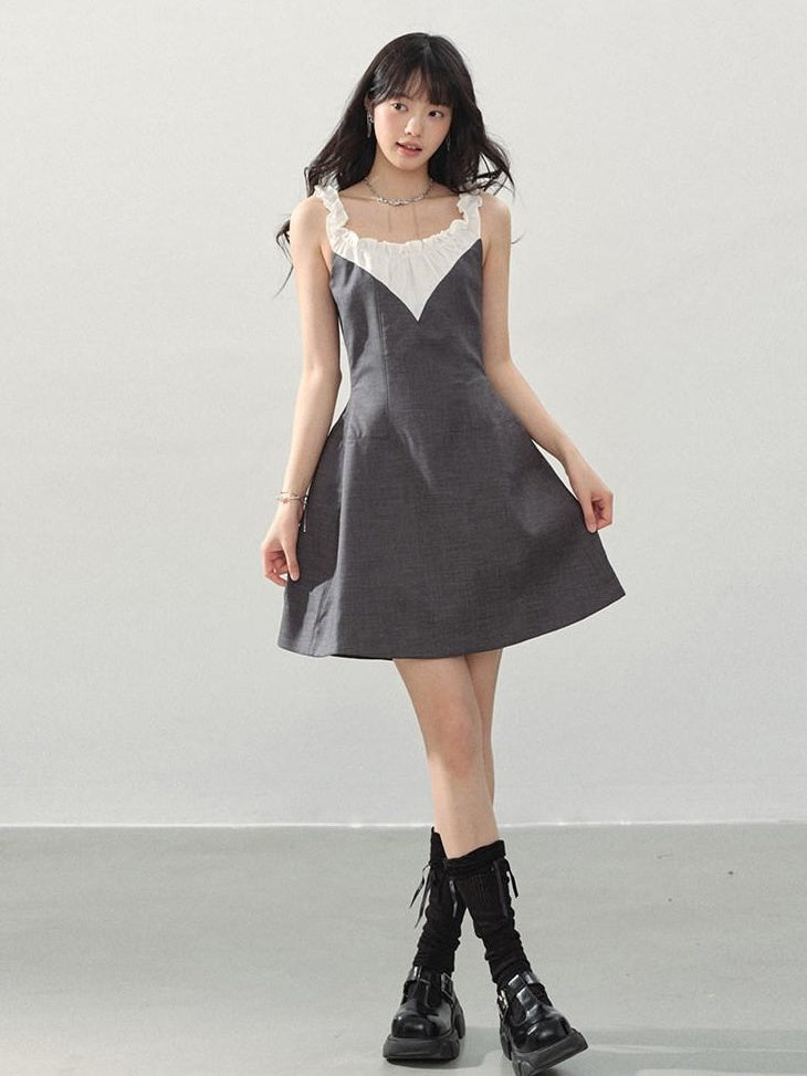 DDGIRL studio Shape Retaining Ruffle Neck High Waist Strappy A Line Office Gray Mini Dresses