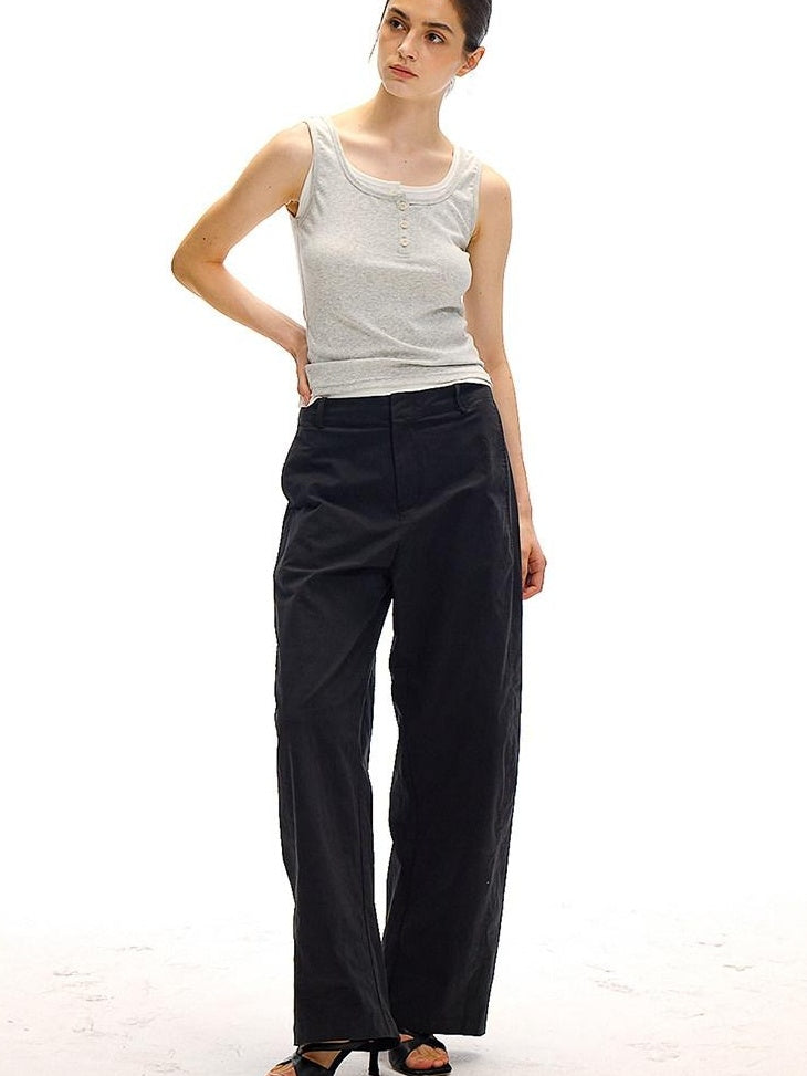 Country Moment Versatile Simple Mid Rise Cotton Stretch Straight Relaxed Black Wide Leg Pants