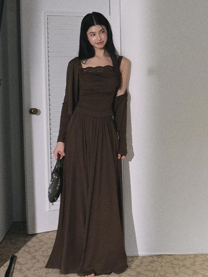 7 OAKMOO Tencel 3 Piece Casual Long Sleeve Women Amber Brown Top & Skirt Sets