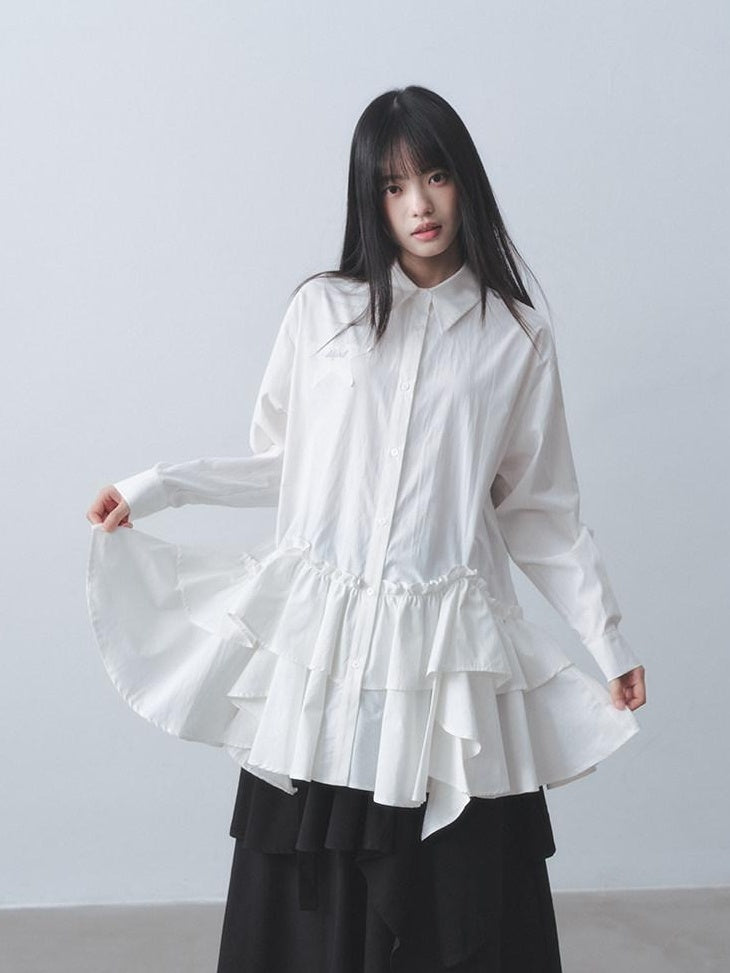 DDGIRL studio High Waist Ruffle Commuter Shirt Dress A Line Women White Button Mini Dresses
