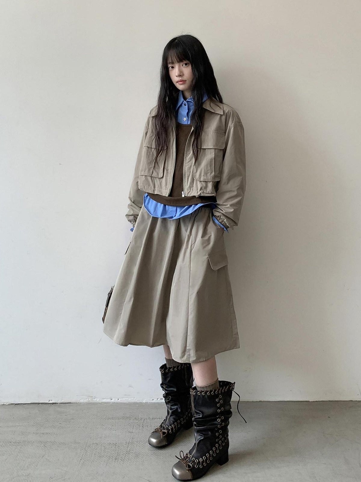 DDGIRL studio Zip Front Long Sleeve Lapel Collar Commuter Women Polyester Top & Shorts Sets