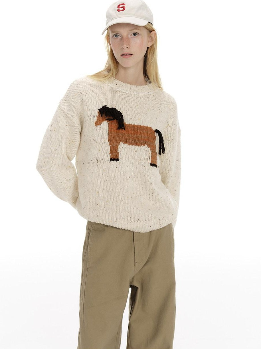 Country Moment Cozy Soft Loose Vintage Pullover Women Wool Blend Horse Pattern Sweaters