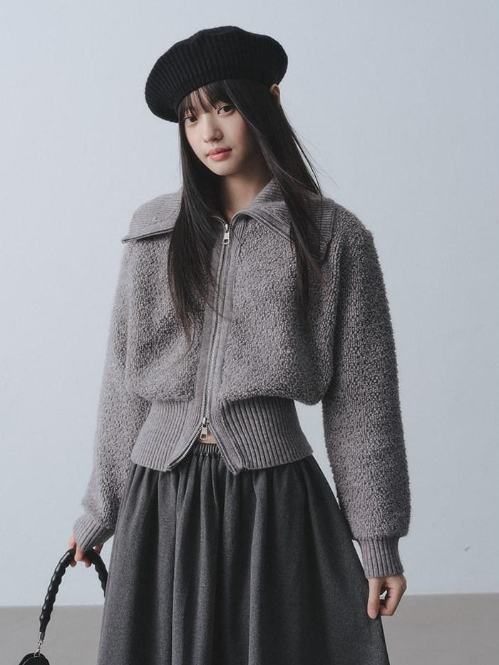 DDGIRL studio Cozy Warm Simple Daydream Waist Cinch Zip Cardigan Acrylic Blend Cream Sweaters