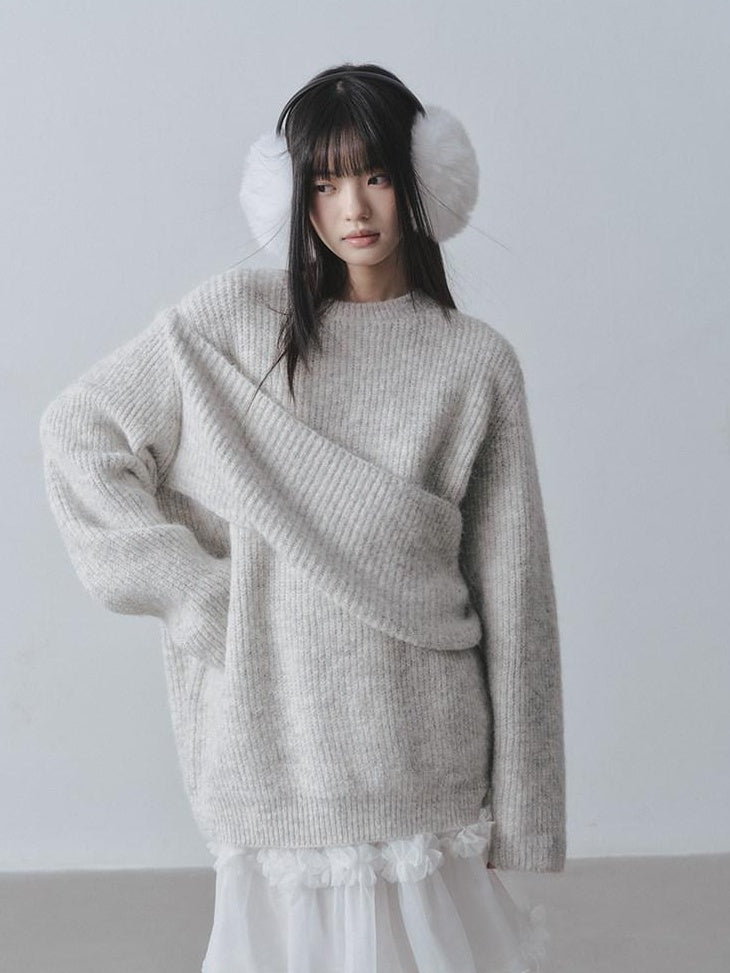 DDGIRL studio Ultra Soft Relaxed Patchwork Round Neck Women Light Gray Knit Sweaters