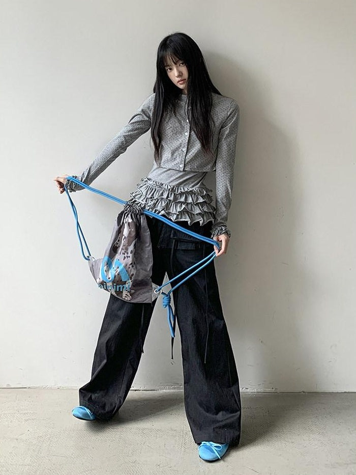 DDGIRL studio High Waist Zip Fly Pockets Relaxed Straight Leg Black Cotton Nylon Cargo Pants