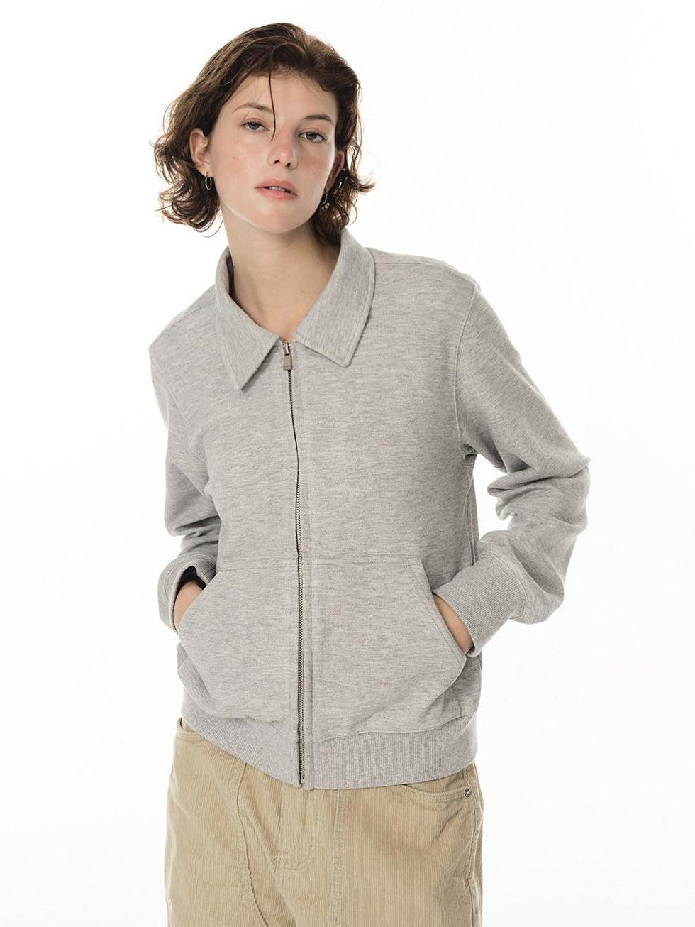 Country Moment Breathable Warm Cotton Blend Loose Fit Zip Up Men Casual Grey Sweatshirt