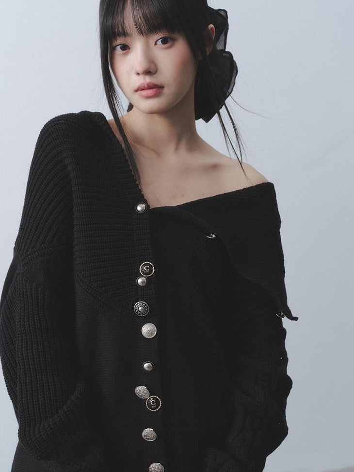DDGIRL studio Soft Relaxed Ribbed Button Mid Length Women Campus Cotton Blend Black Cardigans