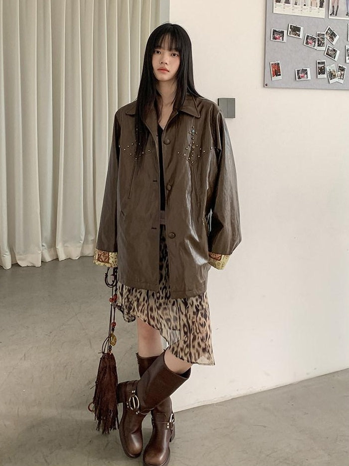 DDGIRL studio Durable American Asymmetric A Line Women High Waist Leopard Print Midi Skirts