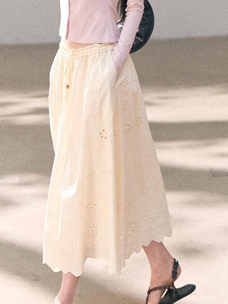 7 OAKMOO Cotton Lined Embroidered A Line Ruffle Elastic Mid Waist Women Maxi Skirts