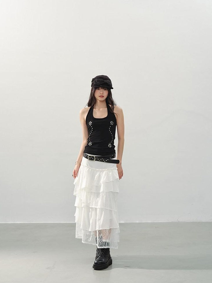 DDGIRL studio Shape Retaining Asymmetric Tiered High Waist Lined Lace Linen Women Midi Skirts