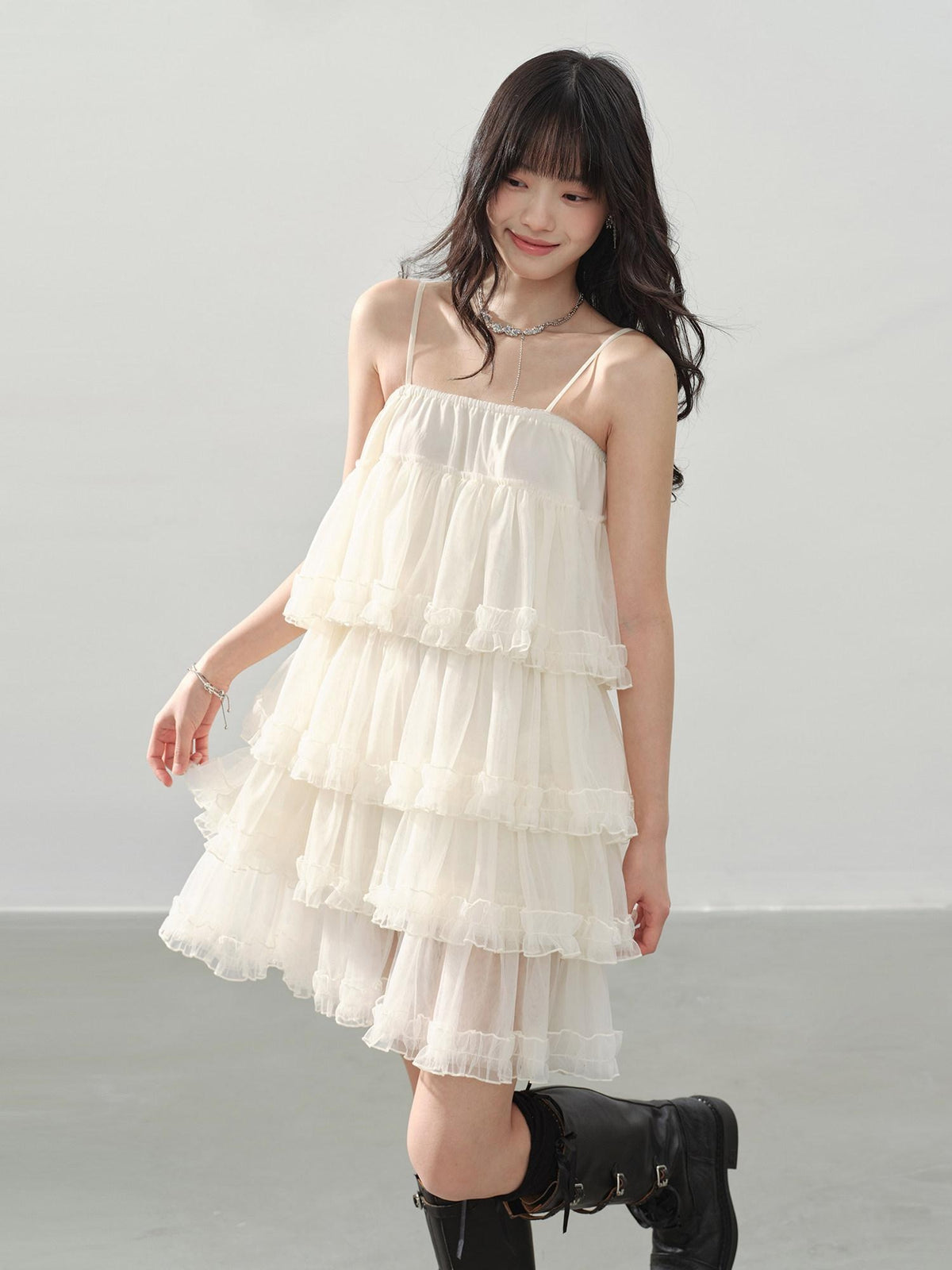 DDGIRL studio Breathable Soft Sweet Princess A Line Tiered Camisole Cream Mini Dresses