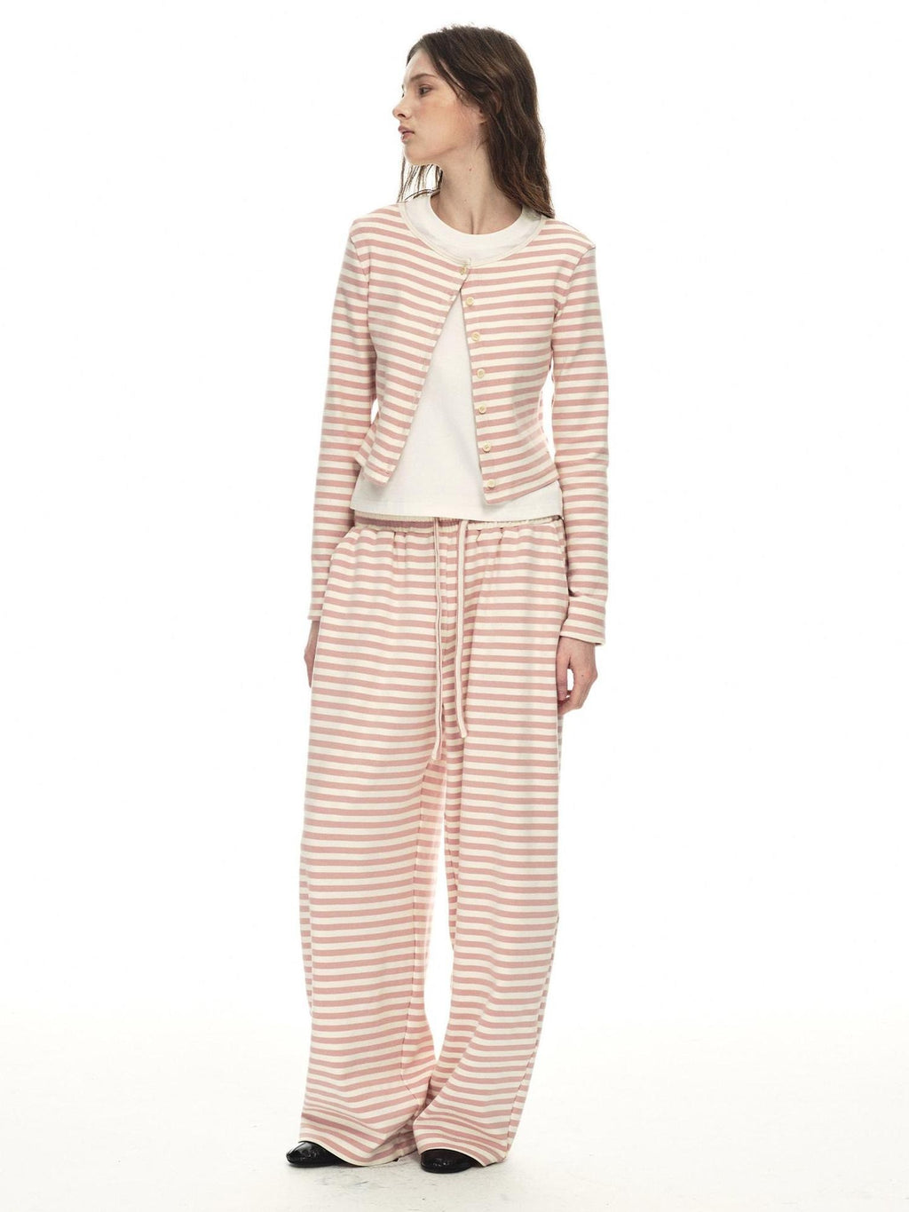 Country Moment Breathable Cotton Slim Fit Piped Pink Striped Casual Top & Pants Sets