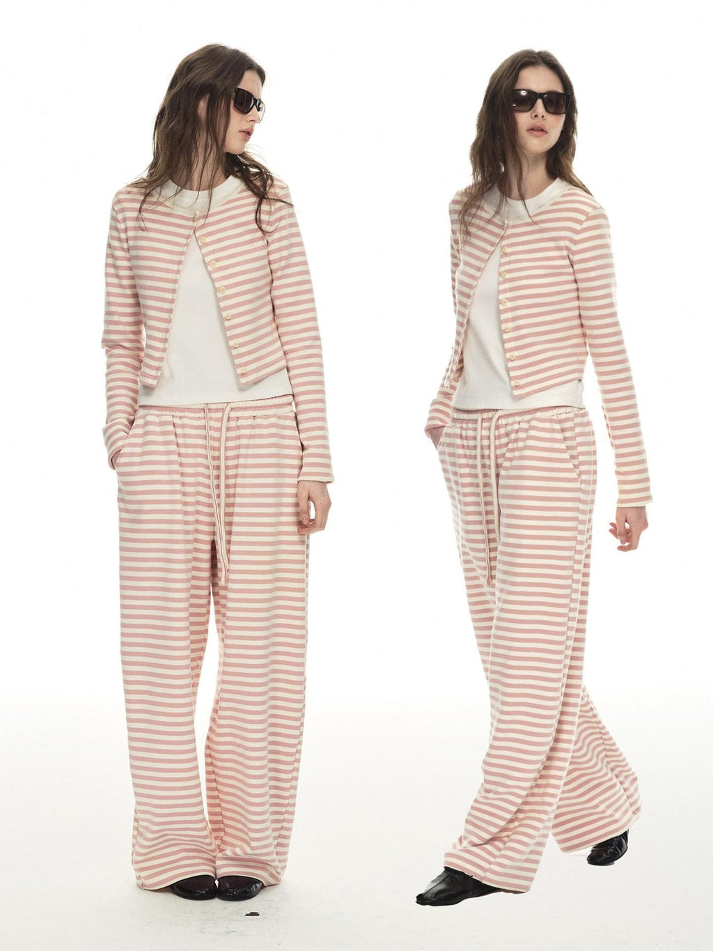 Country Moment Breathable Cotton Slim Fit Piped Pink Striped Casual Top & Pants Sets