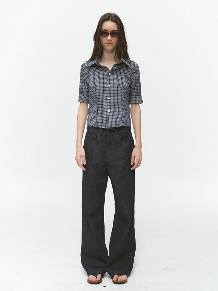 Country Moment Breathable Cotton Cropped Straight Revere Women Navy Plaid Shirts