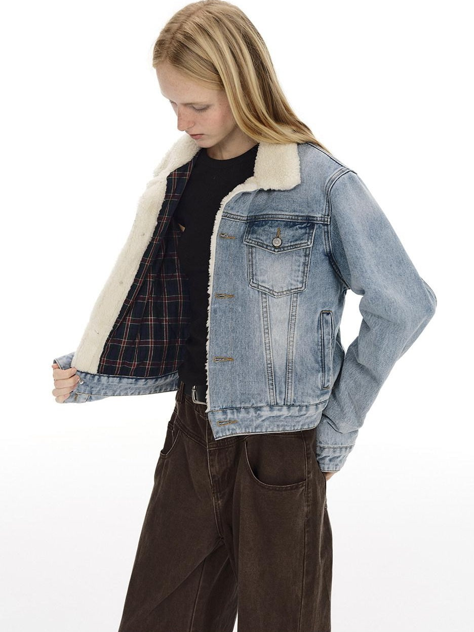 Country Moment Warm Cotton Padded Vintage Wash Slim Cropped Topstitching Women Denim Jackets