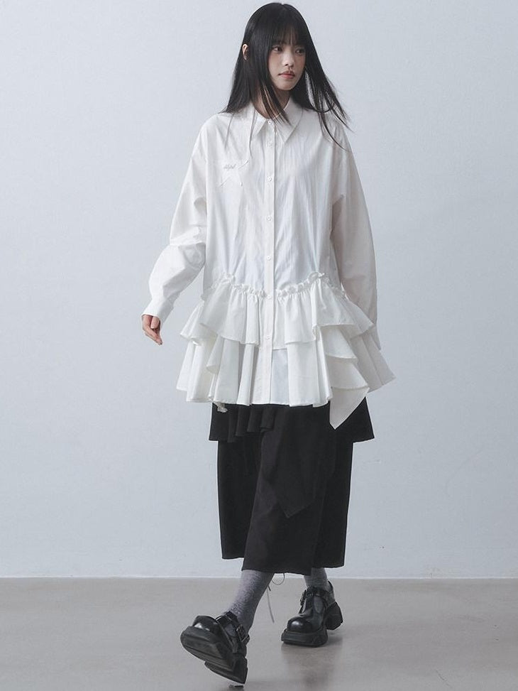 DDGIRL studio High Waist Ruffle Commuter Shirt Dress A Line Women White Button Mini Dresses