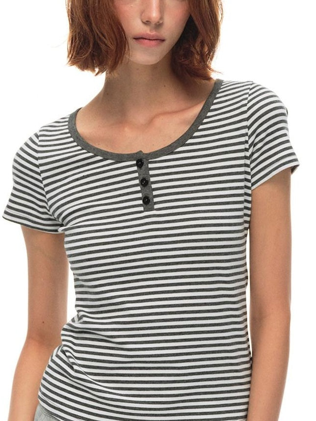 Country Moment Breathable Striped Henley Regular Women Polyester Stretch Short Sleeve T-Shirts