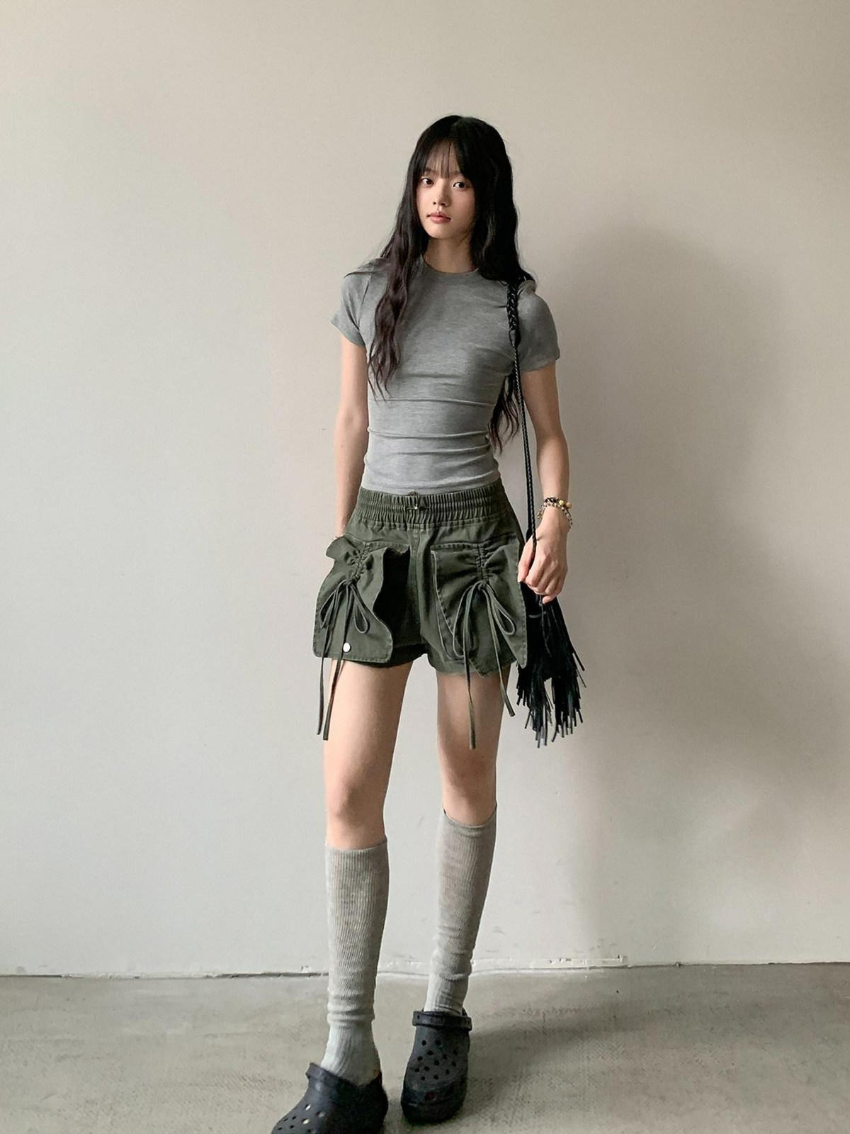 DDGIRL studio High Waist Faded 96 Percent Cotton Wide Leg Loose Fit Army Green Denim Shorts