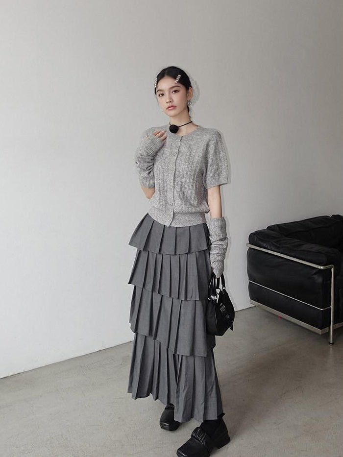 DDGIRL studio Lined High Waist Pleated Patchwork A Line Commuter Loose Fit Gray Midi Skirts