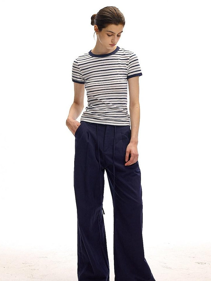 Country Moment Cotton Linen Minimal Belted Natural Waist Navy Office Wide Leg Pants