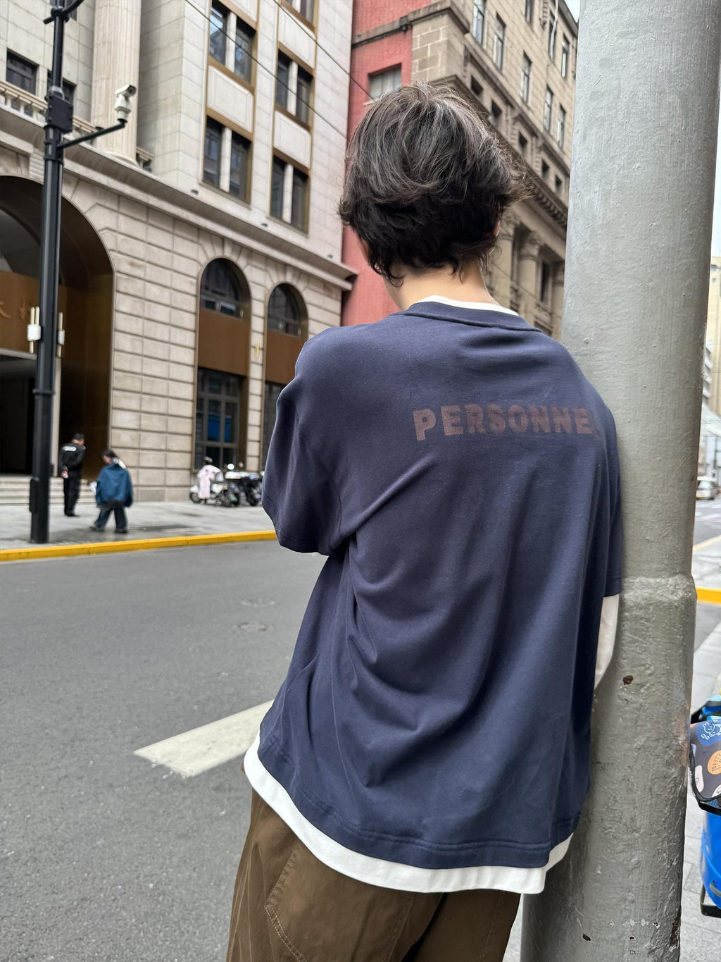 Country Moment Washed Pure Cotton Loose Colorblock Crewneck Teen Logo Navy Long Sleeve T-Shirts