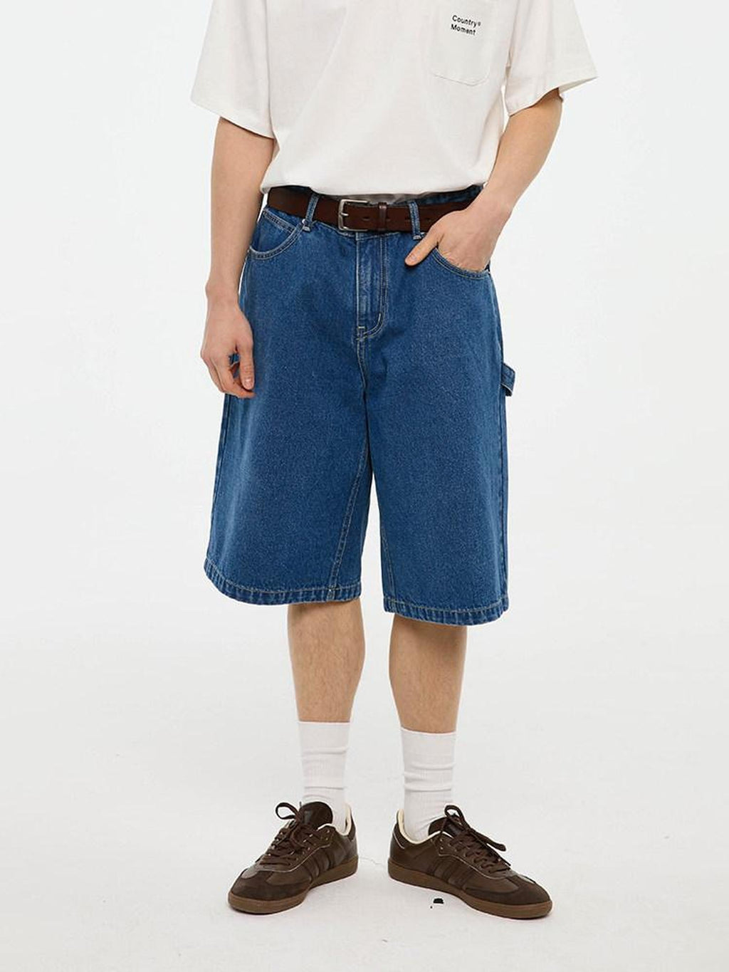 Country Moment Cotton Denim Mid High Waist Loose Straight Casual Zip Fly Mid-Length Shorts