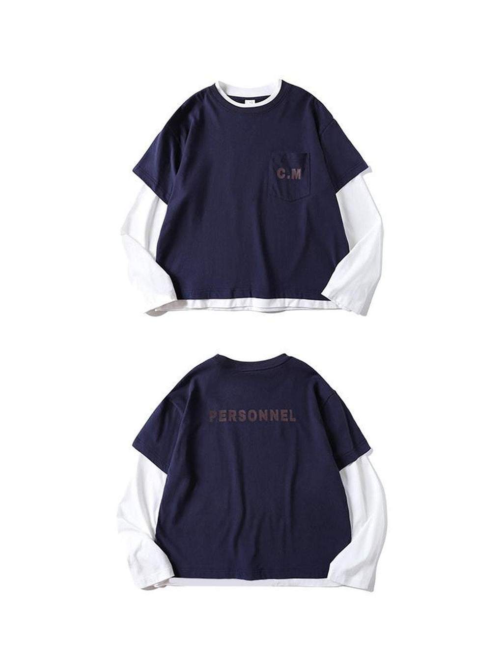 Country Moment Washed Pure Cotton Loose Colorblock Crewneck Teen Logo Navy Long Sleeve T-Shirts