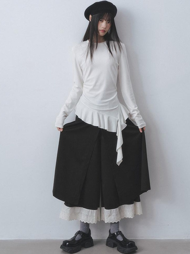 DDGIRL studio Soft Stretch Ruffle Asymmetric Slim Waist Women White Long Sleeve T-Shirts