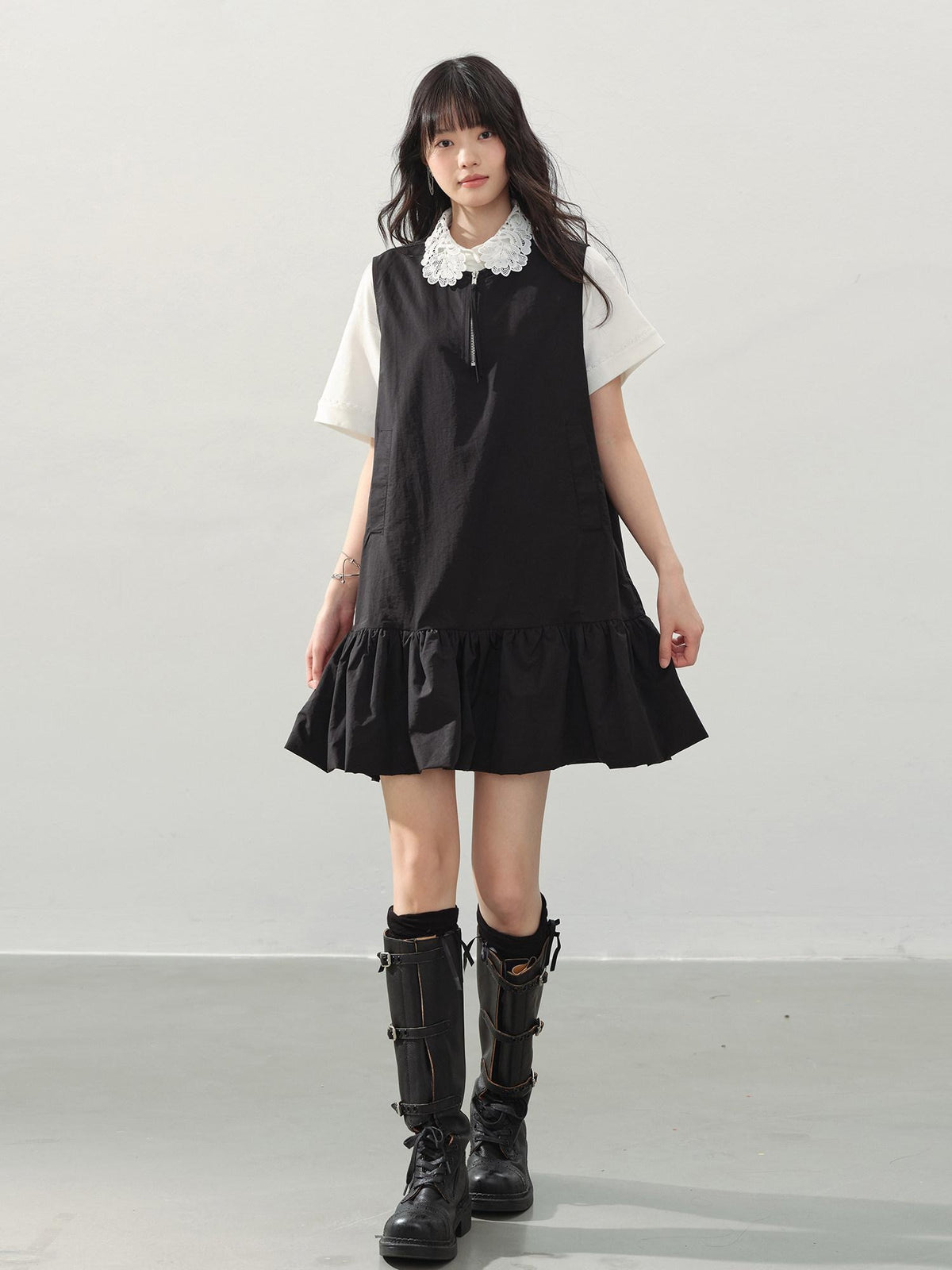 DDGIRL studio Soft Washed Cotton Nylon A Line Doll Collar Pockets Black Mini Dresses