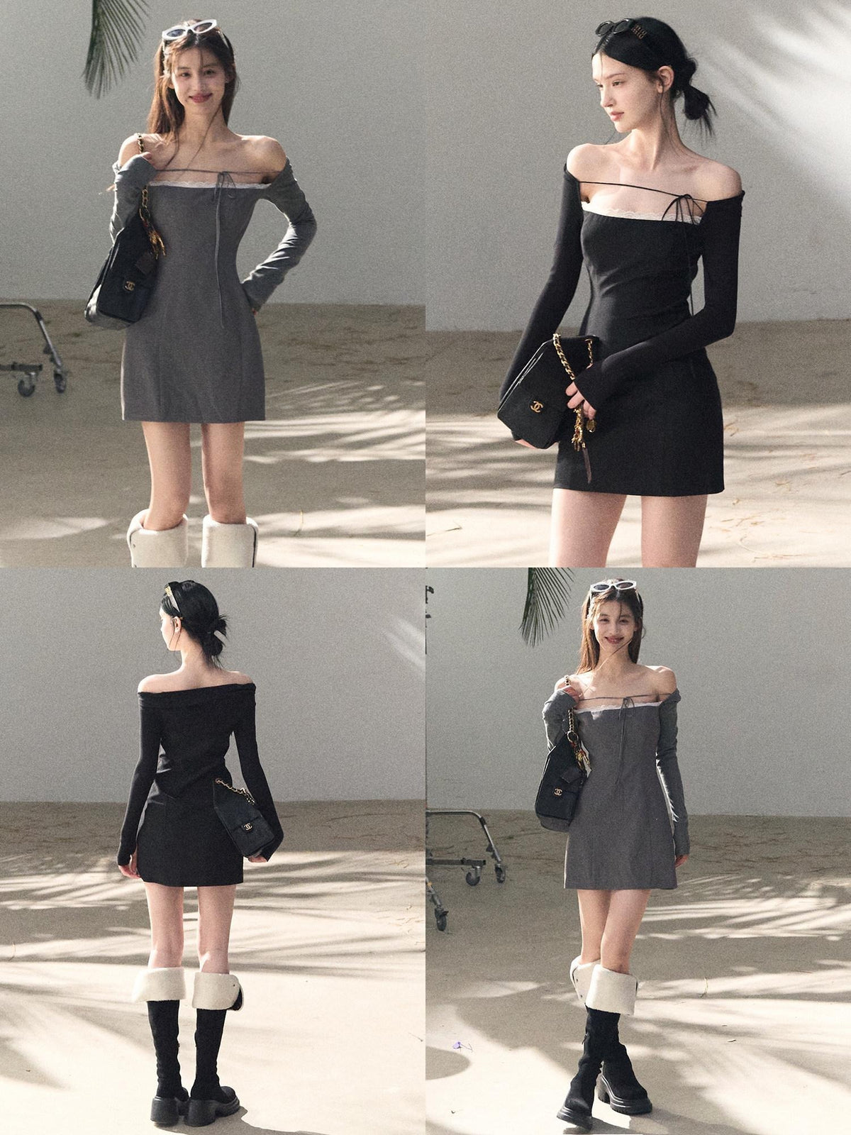 7 OAKMOO Waist Cinch Casual One Shoulder Long Sleeve Slim Viscose Blend Mini Dresses