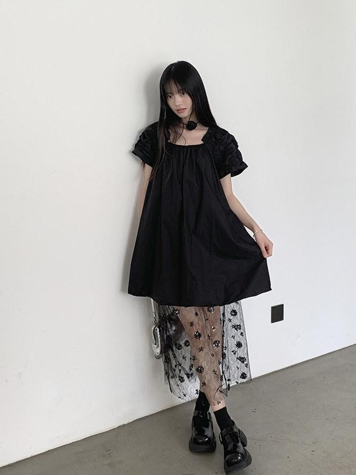 DDGIRL studio 100% Cotton Pullover Bardot Neck A Line Lantern Skirt Workwear Midi Dresses