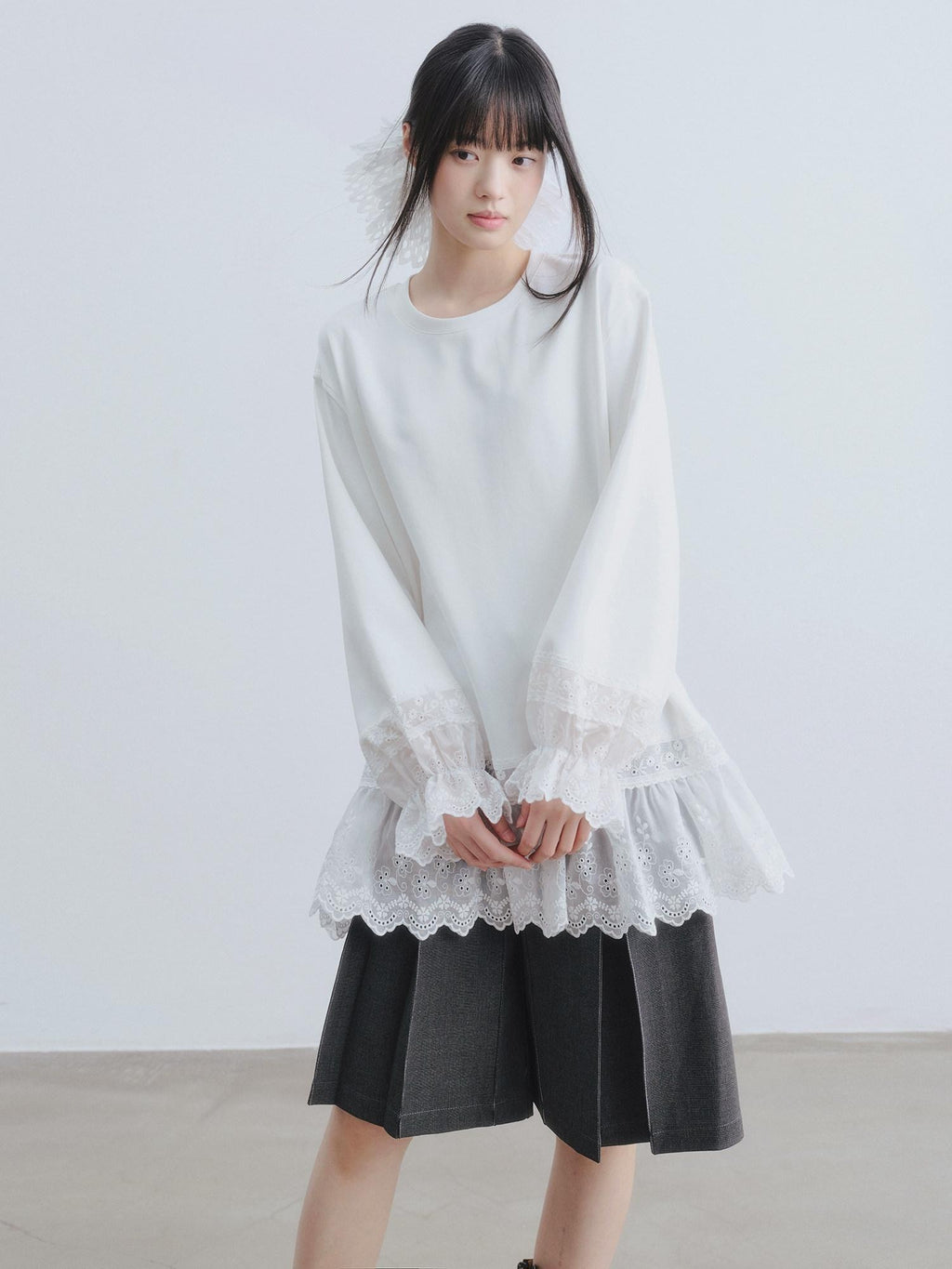 DDGIRL studio Layered Lace Oversized Puff Sleeve Womens Cotton White Long Sleeve T-Shirts
