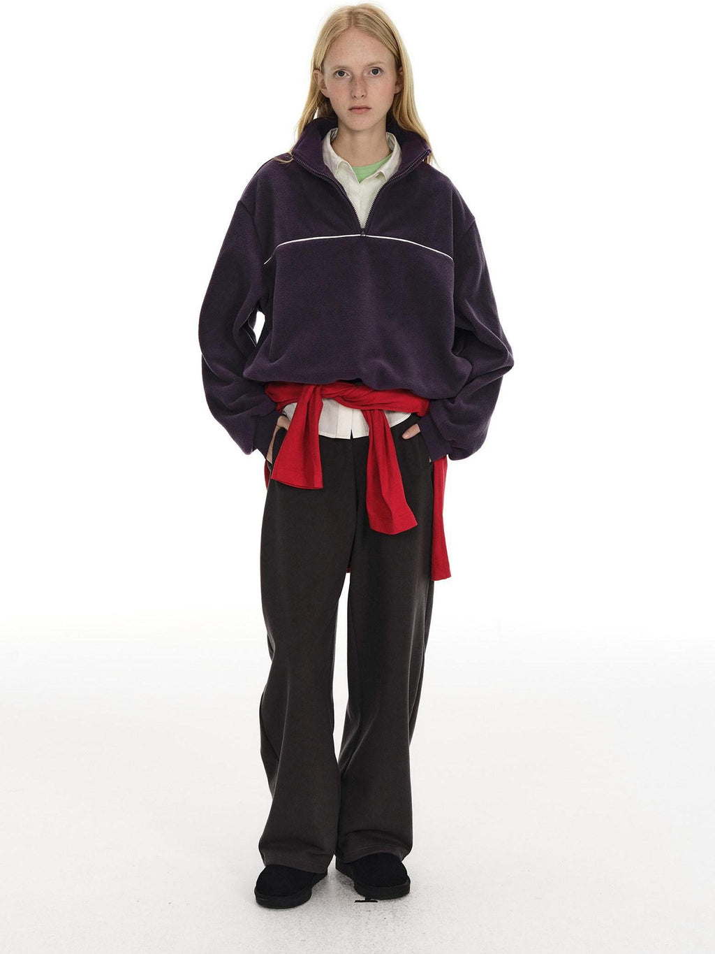 Country Moment Warm Fleece Short Zip Stand Collar Colorblock Loose Fit Unisex Purple Sweatshirt