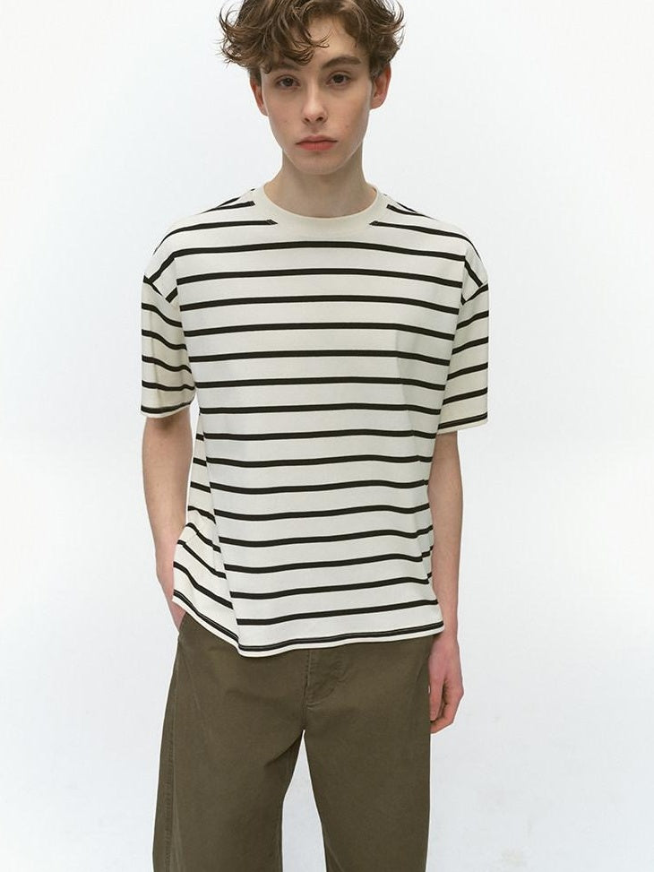 Country Moment Breathable Cotton Loose Fit Unisex Black White Striped Short Sleeve T-Shirts