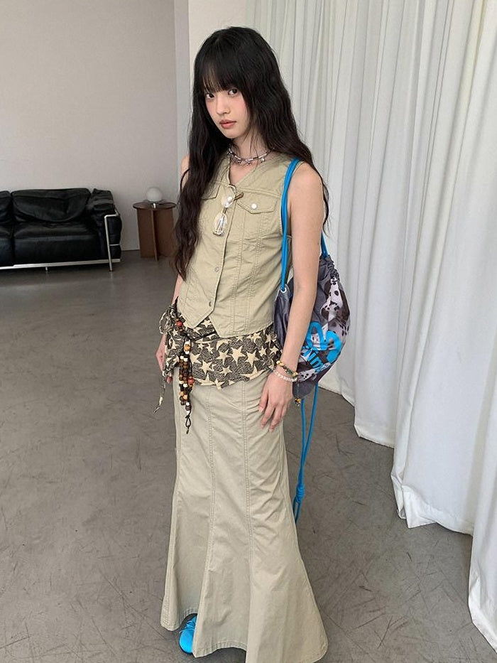 DDGIRL studio High Waist Cotton Fishtail Slim Casual Khaki Women Outdoor Maxi Skirts