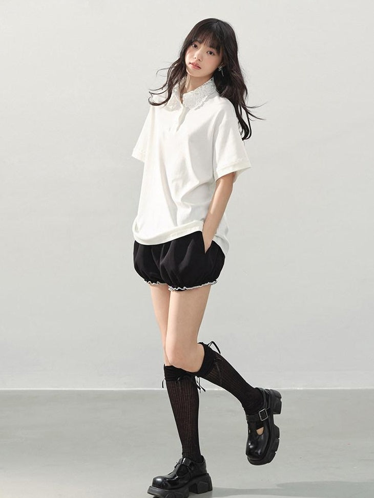 DDGIRL studio Washed Zip Polo Loose Fit Casual Long Staple Cotton Short Sleeve T-Shirts