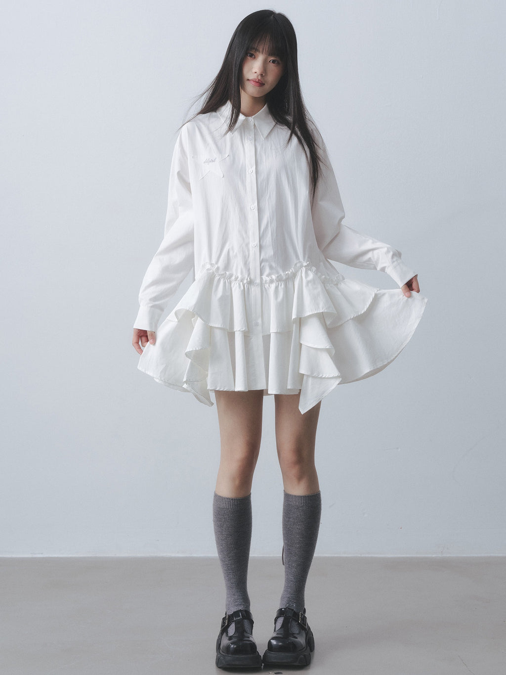 DDGIRL_studio_High_Waist_Ruffle_Commuter_Shirt_Dress_A_Line_Women_White_Button_Mini_Dresses_MISSTT