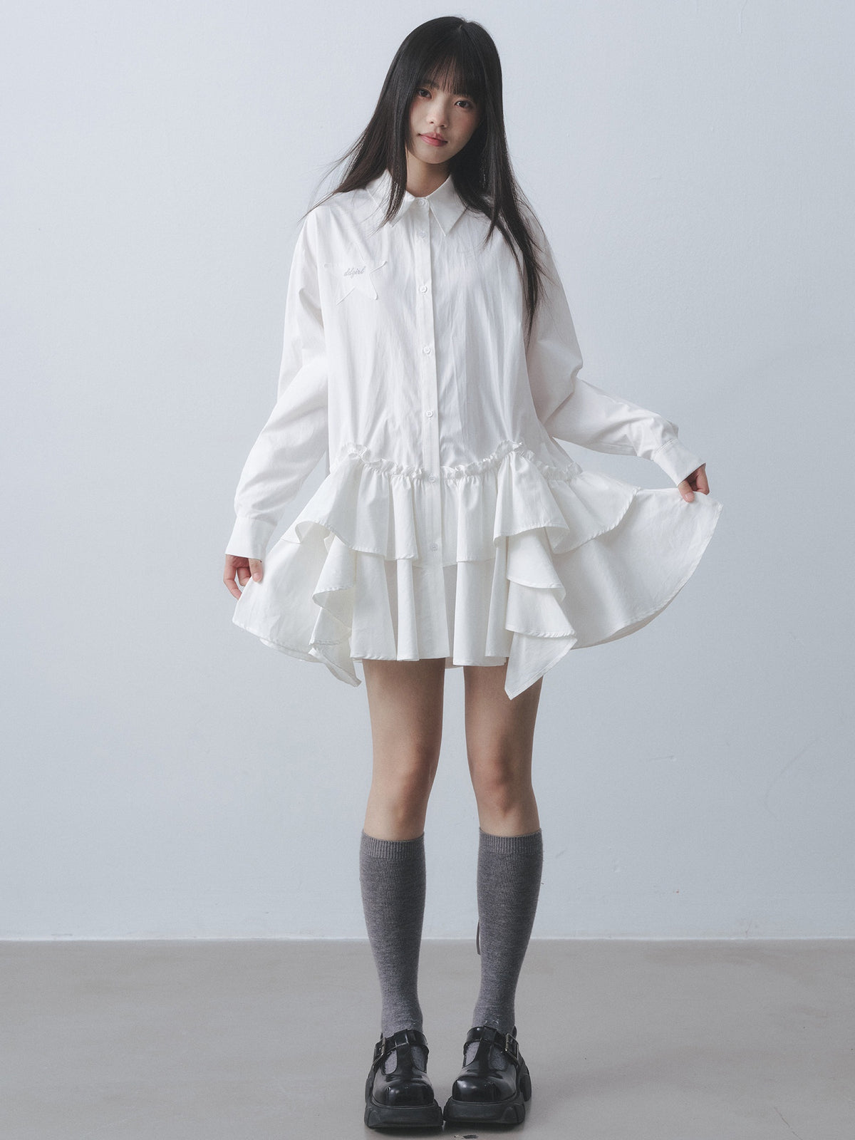 DDGIRL_studio_High_Waist_Ruffle_Commuter_Shirt_Dress_A_Line_Women_White_Button_Mini_Dresses_MISSTT