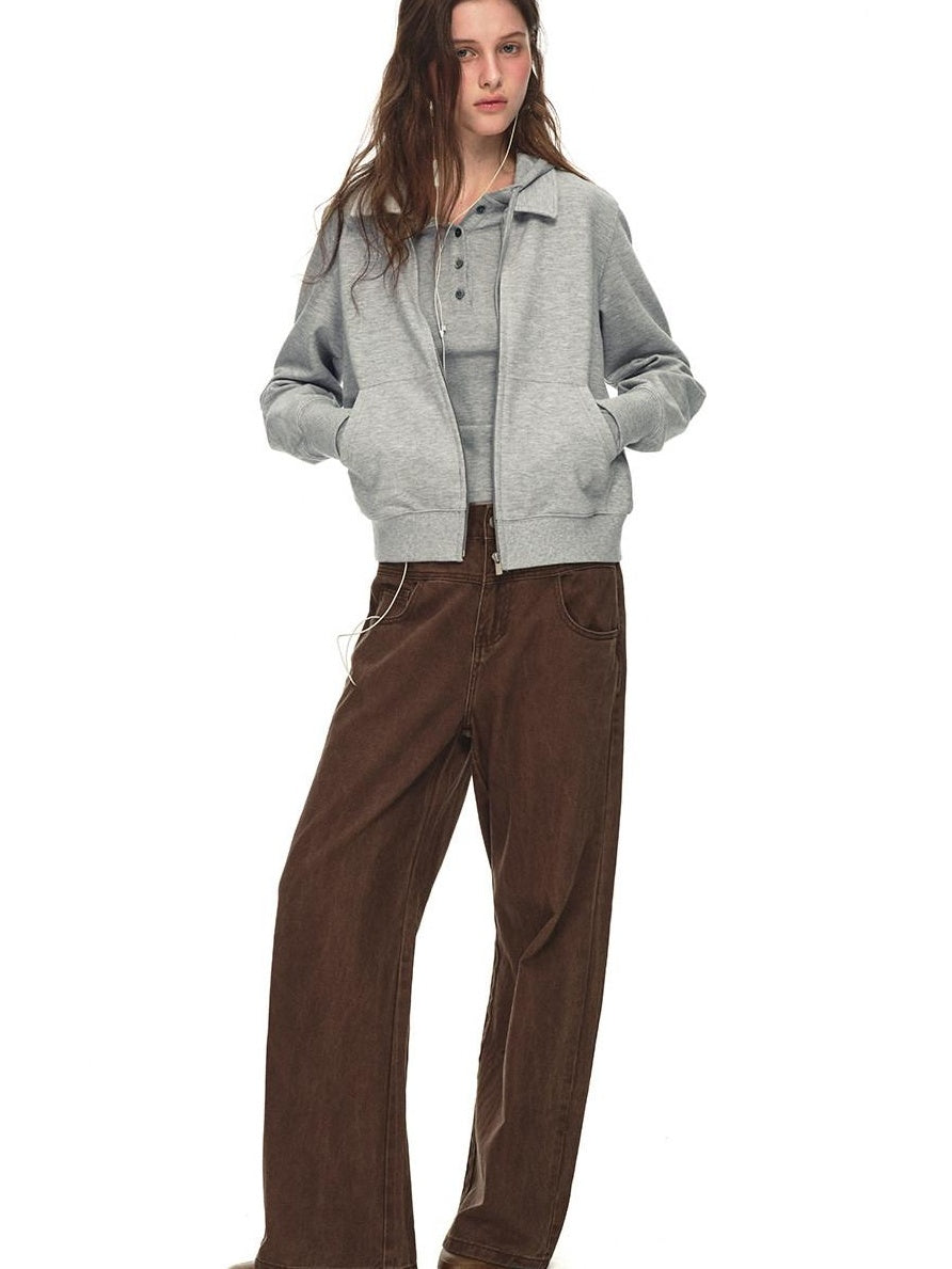 Country Moment Breathable Cotton Blend Stretch Cropped Zip Cardigan Casual Men Grey Sweatshirt