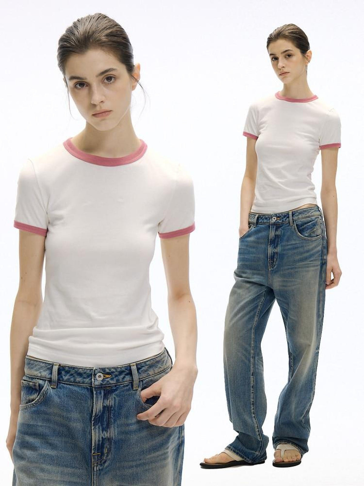 Country Moment 100% Cotton Ribbed Crew Neck Moisture Wicking Two Tone Short Sleeve T-Shirts