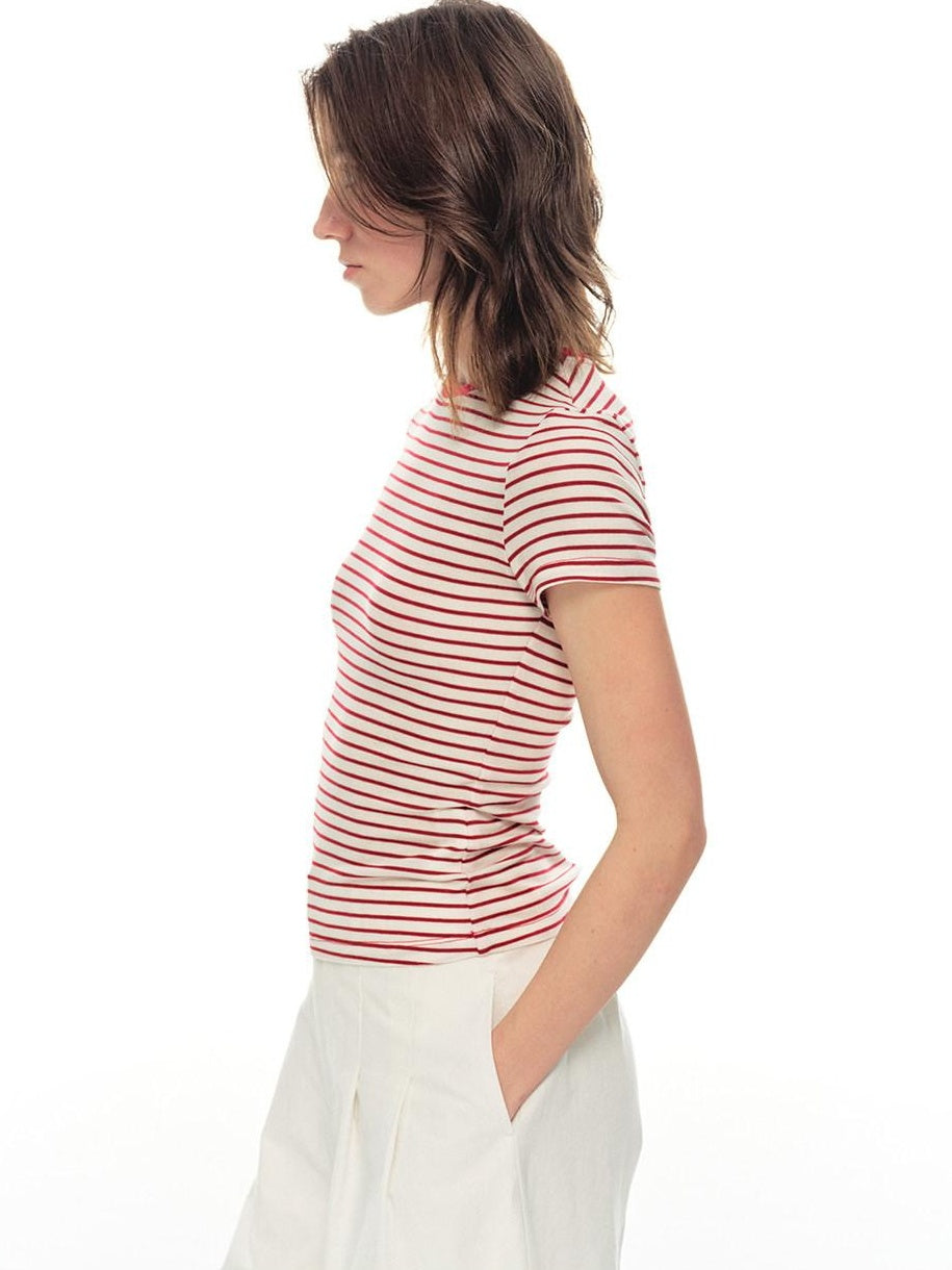 Country Moment Lyocell Wool Blend Striped Slim Fit Women Navy Casual Short Sleeve T-Shirts