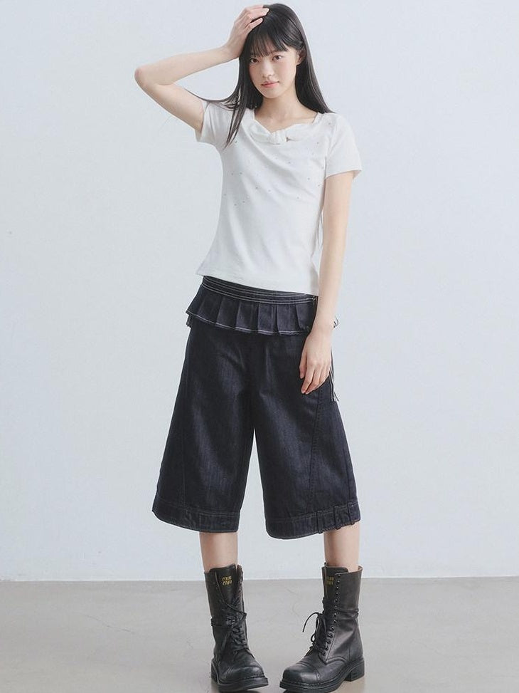 DDGIRL studio Washed High Waisted Pleated Soft Non Stretch Navy Solid Durable Wide Leg Jeans