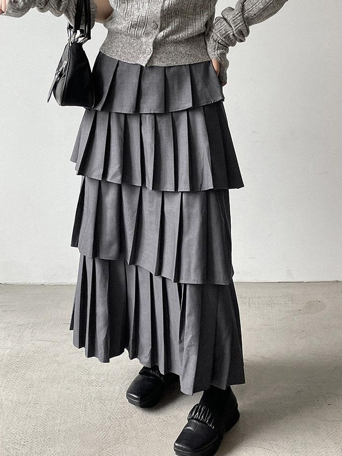 DDGIRL studio Lined High Waist Pleated Patchwork A Line Commuter Loose Fit Gray Midi Skirts