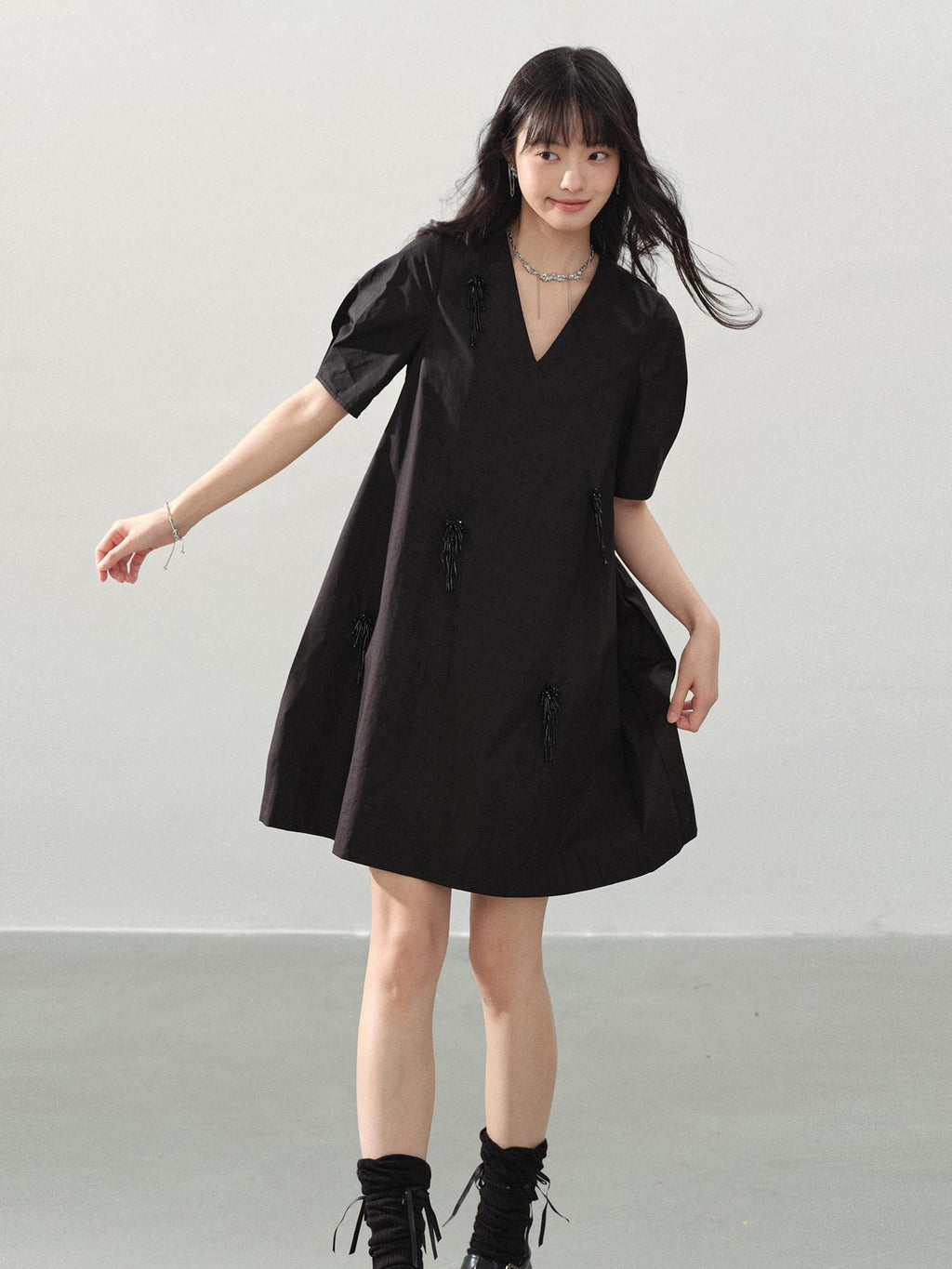 DDGIRL studio Beaded Soft Cotton A Line Puff Sleeve V-neck Back Zipper Black Mini Dresses