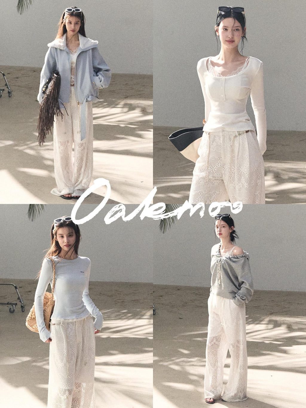 7 OAKMOO Mid Rise Cotton Blend Casual Straight Fit Women Mist White Wide Leg Pants