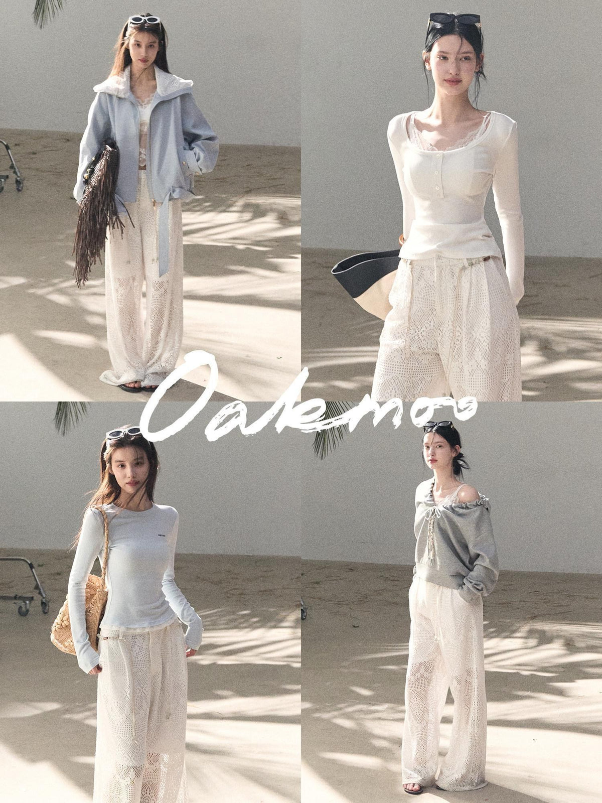 7 OAKMOO Mid Rise Cotton Blend Casual Straight Fit Women Mist White Wide Leg Pants